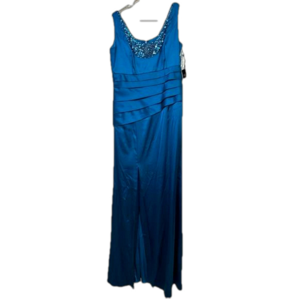 NWT Adrianna Papell boutique embellished peacock gown prom dress satin finish